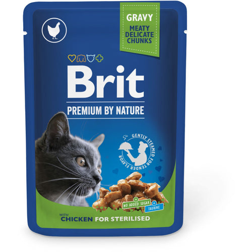 BRIT PREMIUM kesica, socni komadici, Sterilised, pileci file, 100g