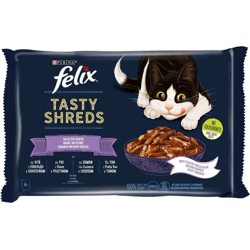 FELIX Tasty Shreds, Mesani izbor mesa i ribe u sosu, 4x80g