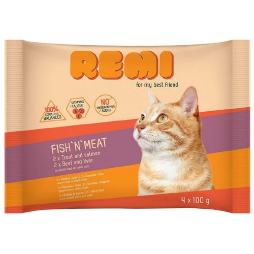 REMI Cat Multipak, 2x s govedinom i 2x s pastrmkom, u zeleu, 4x100g