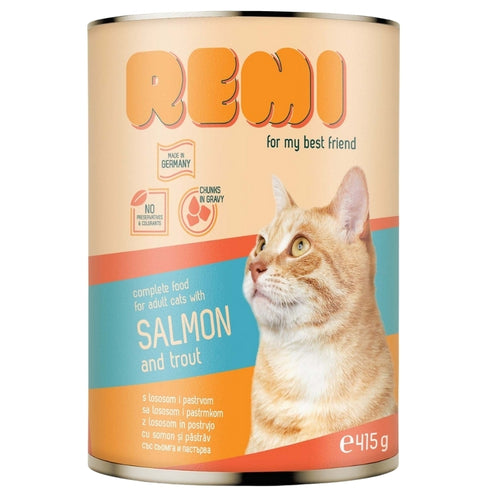 REMI Losos i pastrmka, komadici u sosu, potpuna hrana za macke, 415g