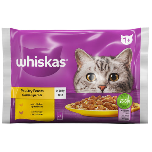 WHISKAS Multipack za macke Adult Izbor zivine u zeleu, 1+ godina, 4x85g