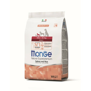 MONGE Hrana za odrasle pse malih rasa , Losos i pirinač, 800g