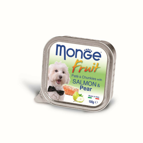 MONGE Fruit Pašteta za pse Losos i Kruška s komadićima 100g