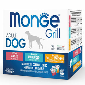 MONGE Grill Sosići za pse, Govedina, riba i piletina, 12x100g