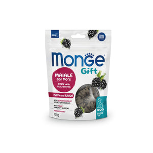 MONGE Gift Dog Poslastica za pse PUPPY&JUNIOR, svinjetina i borovnica, 150g
