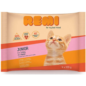 REMI Cat Multipak JUNIOR, 2x s ćuretinom i 2x s zečetinom, u želeu, 4x100g