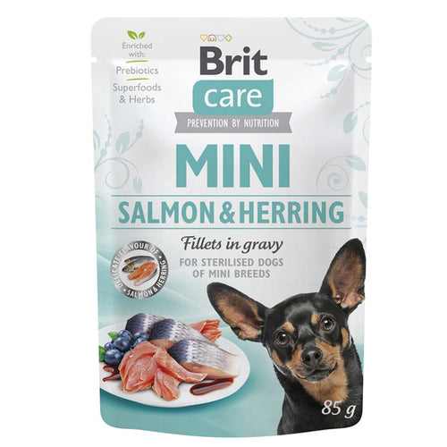 BRIT CARE Mini kesica, fileti u sosu Sterilised s lososom i harinom, 85g