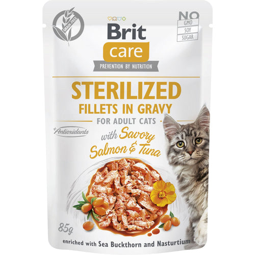 BRIT CARE Sterillized kesica, fileti u sosu sa lososom i tunom, 85% mesa, 85g