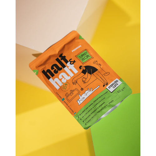 HALF&HALF mesni komadici s curetinom u zeleu Sterilised, za macke, 100g