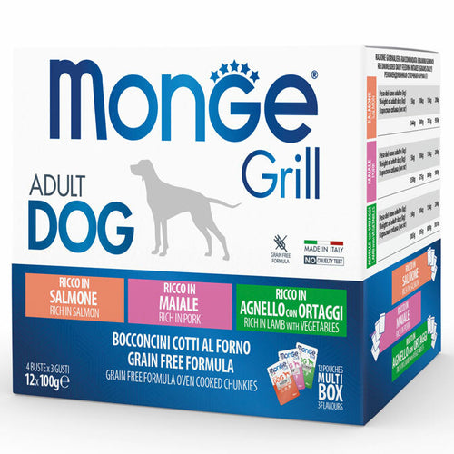 Monge Grill losos/svinja/jagnje sosici za pse 12x100g