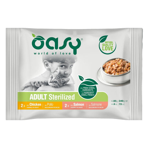 OASY Kesice za macke, komadici u sosu Sterilised s piletinom i lososom, 4x85g