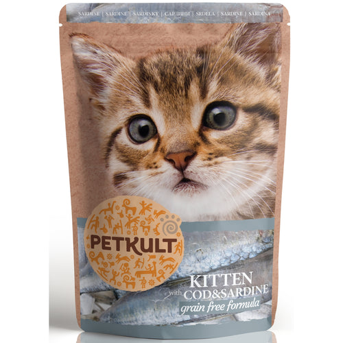 PETKULT kesica s mesnim komadicima, KITTEN bakalar i sardina, bez zitarica, 100g
