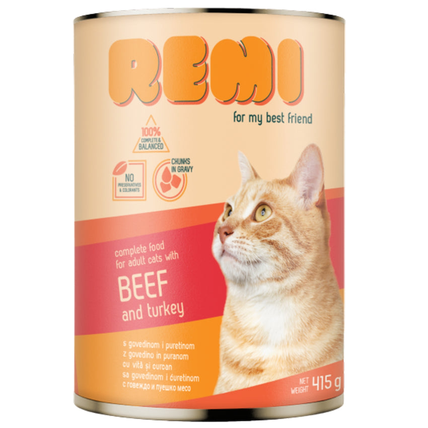 REMI Govedina i curetina, komadici u sosu, potpuna hrana za macke, 415g