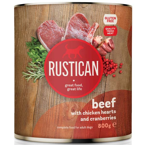 RUSTICAN Govedina s pilecim srcima i brusnicama, bez glutena, 800g