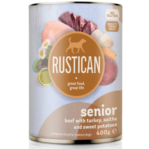 RUSTICAN Senior Govedina s curetinom, bakalarom i batatom, bez glutena, 400g