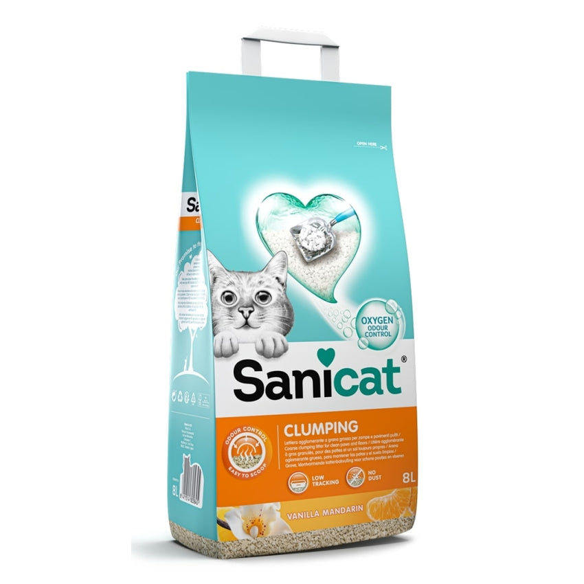 SANICAT Vanila-Mandarina grudvajuci mineralni posip za macke, s mirisom, 8L