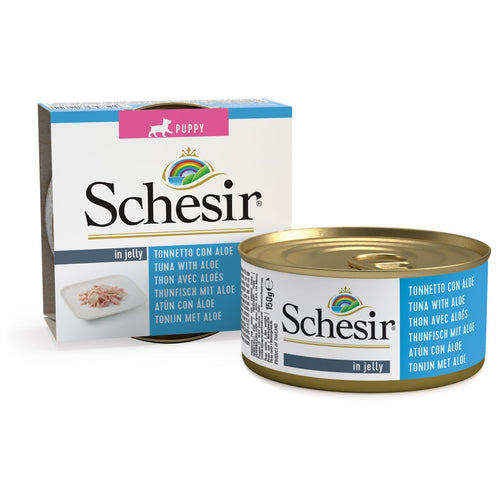 SCHESIR Konzerva za stenad PUPPY s tunjevinom i alojom, u zeleu 150g